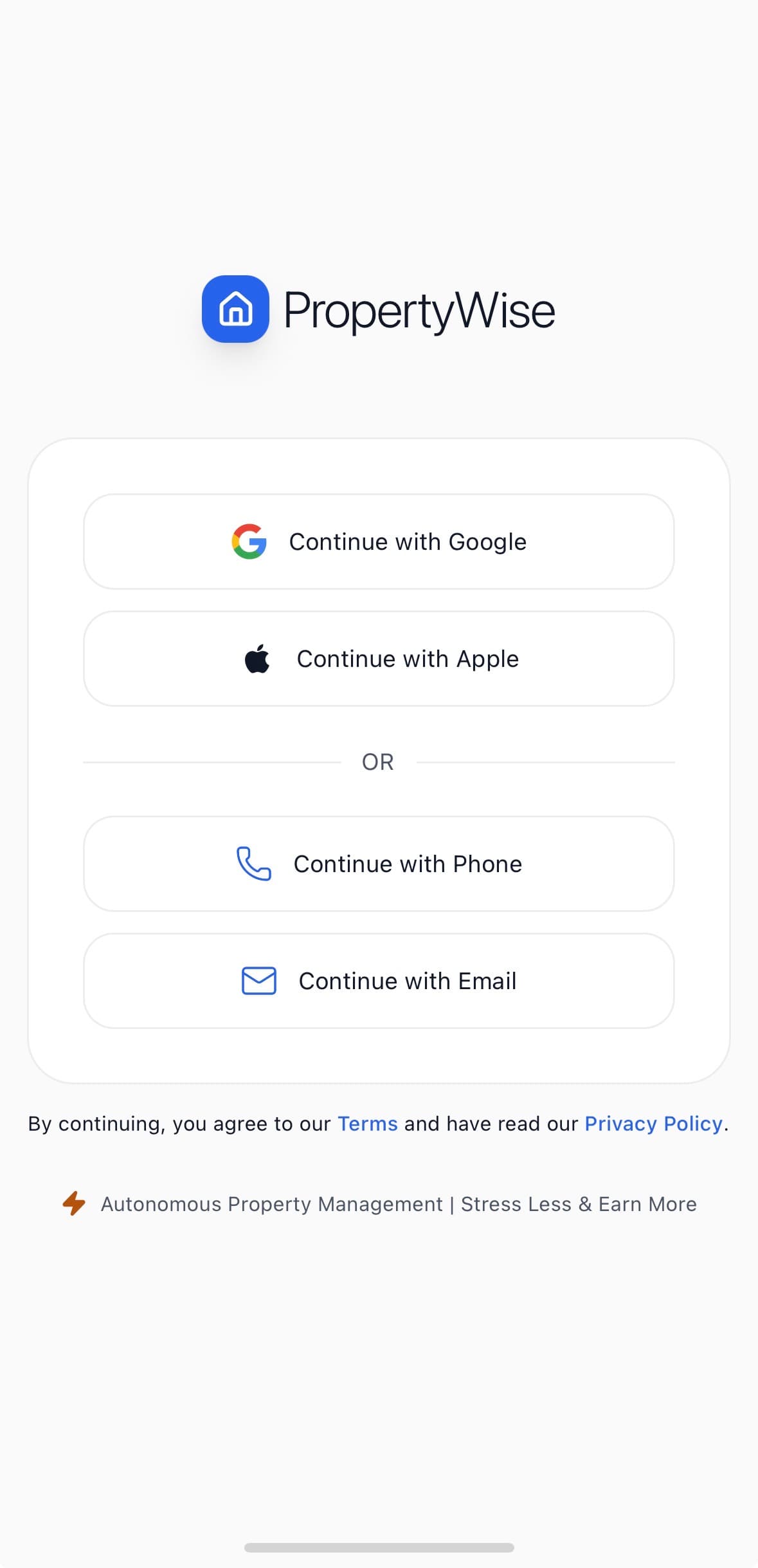 PropertyWise onboarding screen during account registration